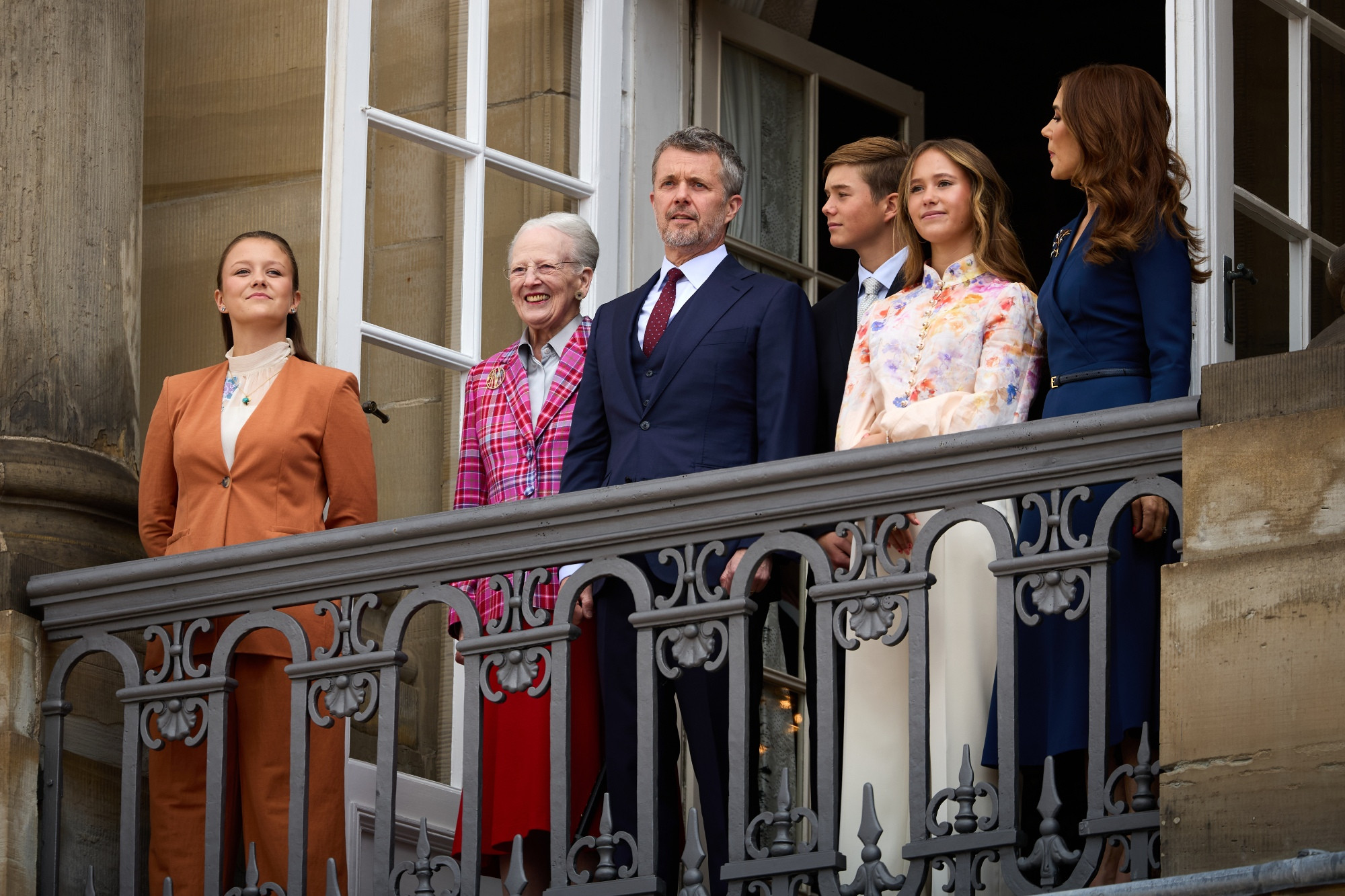 On the balcony of Amalienborg Castle in Copenhagen: The royal family of Denmark, including the King Mother, Queen Margrethe II and excluding Crown Prince Christian who is serving in the military at the moment.
